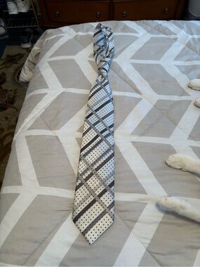 Gray and White Polka Dot Plaid Men's Tie